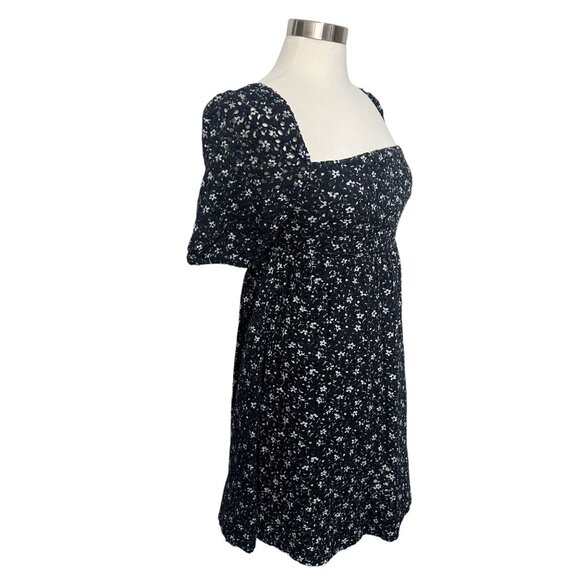Anthro Maeve Size 4 Navy White Floral Eyelet Lace Puff Sleeve A-Line Mini Dress - Picture 4 of 10